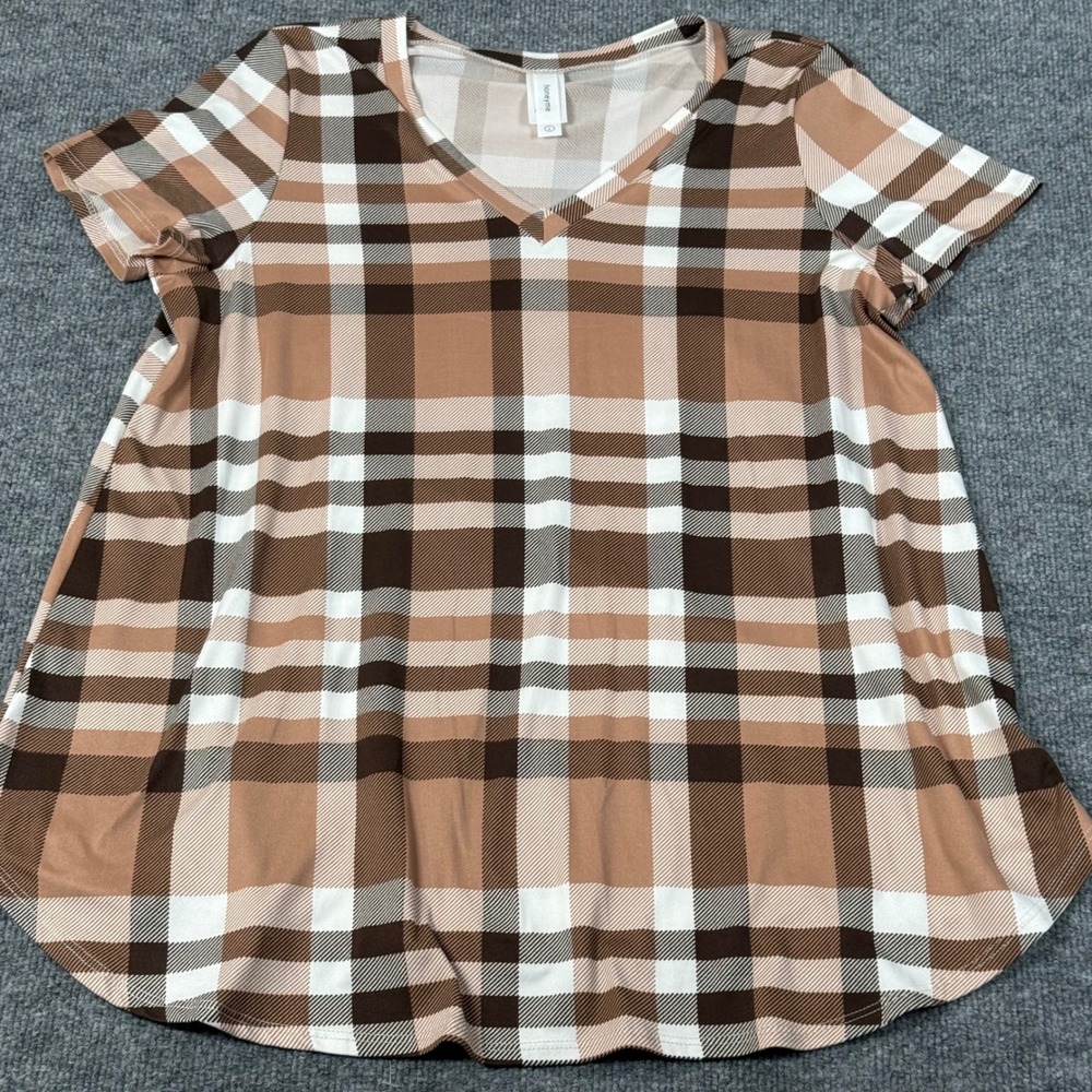 Honeyme Plaid Tunic Top Brown Large SS V Neck‎ Stretchy Fall Fashion Relaxed Fit
